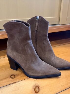 Zara Brown Suede Pointed-Toe Ankle Booties with Block Heel